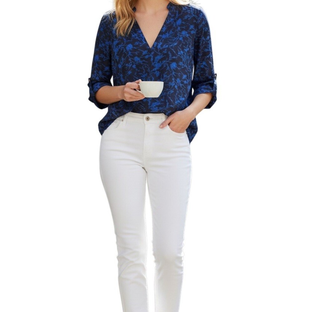 Best Society Blouse Womens Size M Navy Blue Floral V-Neck 3/4 Roll-Tab